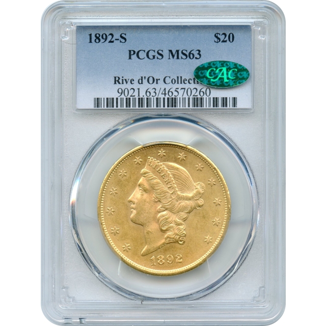 1892-S $20 Liberty Head Double Eagle PCGS MS63 (CAC)