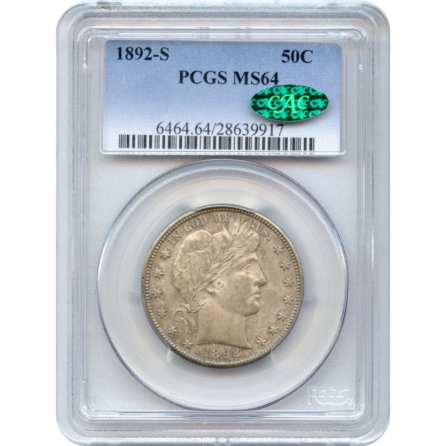 1892-S 50C Barber Half Dollar PCGS MS64 (CAC)