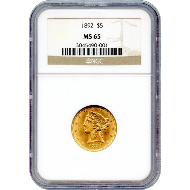 1892 $5 Liberty Head Half Eagle NGC MS65