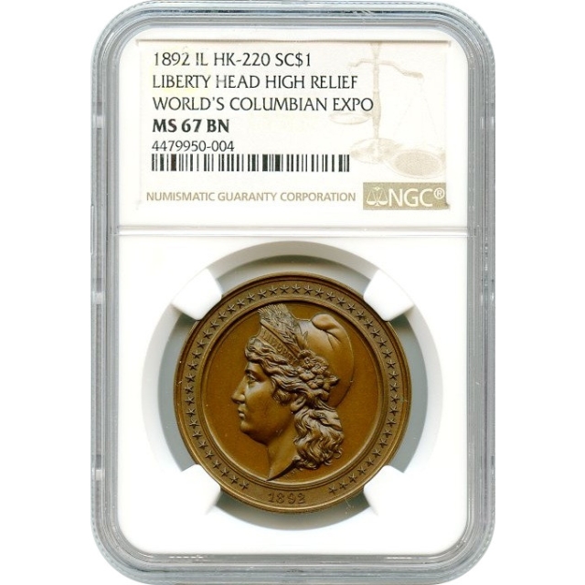 So-Called Dollar - 1892 Columbian Exposition Liberty Head, SC$1 Copper HK-220 NGC MS67BN - Finest Known!