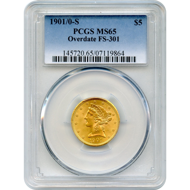 1901/0-S $5 Liberty Head Half Eagle, Overdate FS-301 PCGS MS65