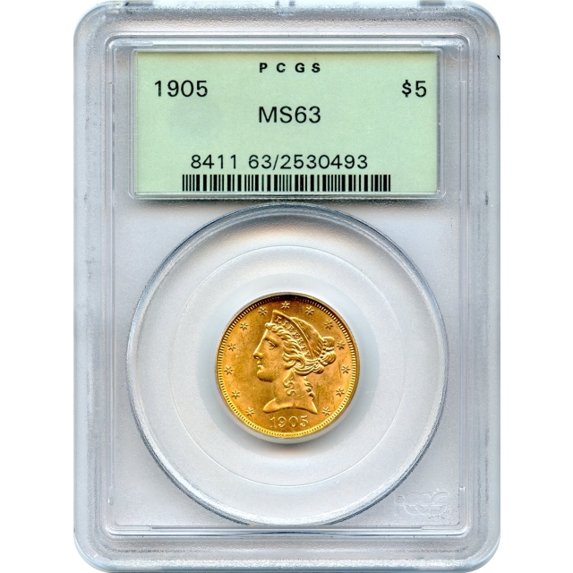 1905 $5 Liberty Head Half Eagle PCGS MS63 - Old Green Holder!