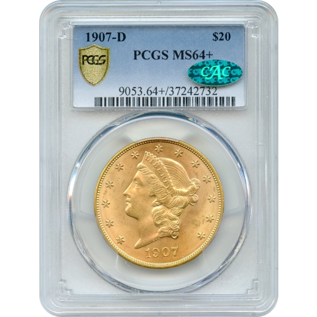 1907-D $20 Liberty Head Double Eagle PCGS MS64+ (CAC)