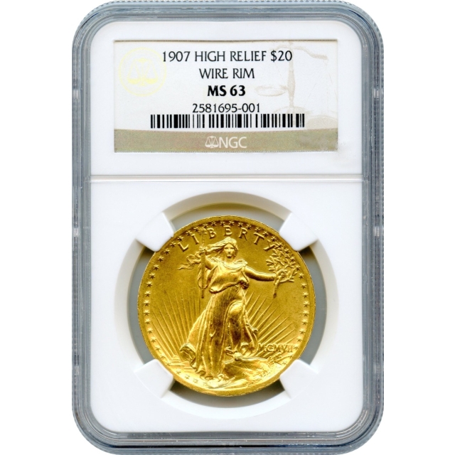 1907 $20 Saint Gaudens Double Eagle, High Relief Wire Edge NGC MS63