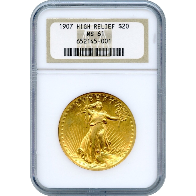 1907 $20 Saint Gaudens Double Eagle, High Relief Wire Edge NGC MS61