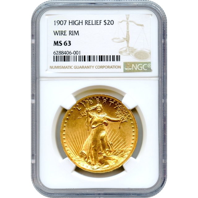 1907 $20 Saint Gaudens Double Eagle, High Relief Wire Edge NGC MS63