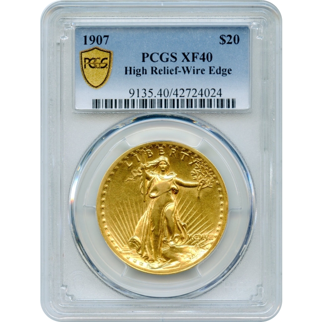 1907 $20 Saint Gaudens Double Eagle, High Relief Wire Edge PCGS XF40