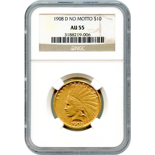 1908-D $10 Indian Head Eagle, No Motto NGC AU55