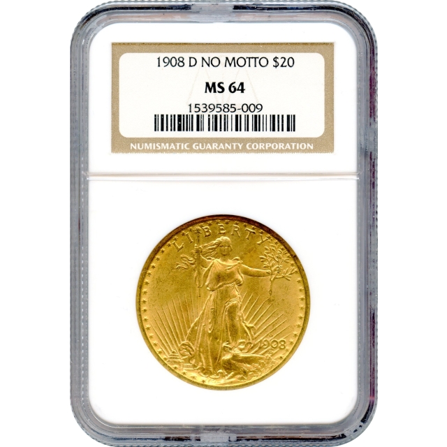 1908-D $20 Saint Gaudens Double Eagle, No Motto NGC MS64