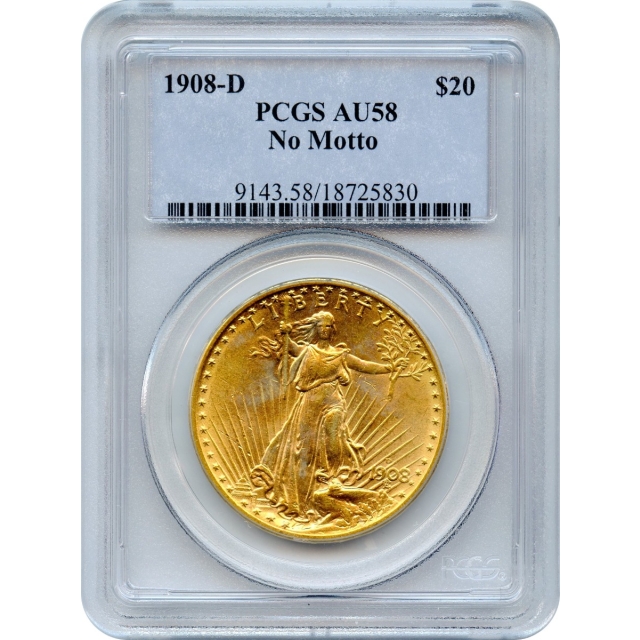 1908-D $20 Saint Gaudens Double Eagle, No Motto PCGS AU58