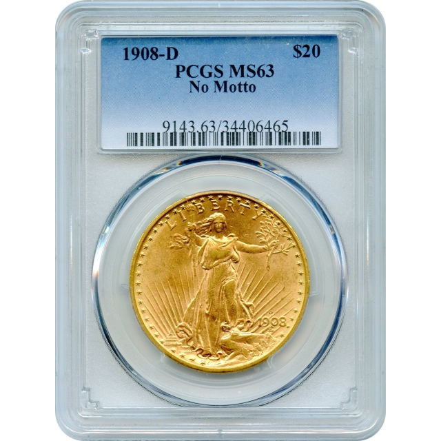 1908-D $20 Saint Gaudens Double Eagle, No Motto PCGS MS63