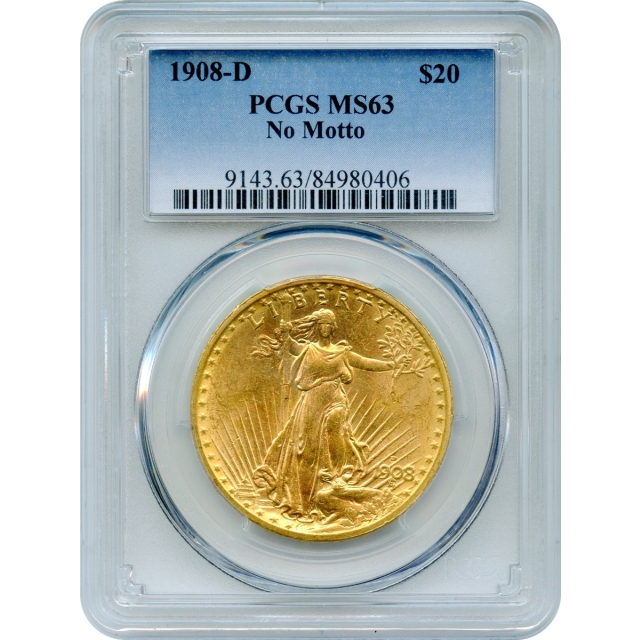 1908-D $20 Saint Gaudens Double Eagle, No Motto PCGS MS63