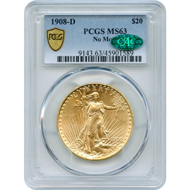 1908-D $20 Saint Gaudens Double Eagle, No Motto PCGS MS63 (CAC)