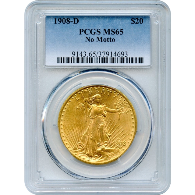 1908-D $20 Saint Gaudens Double Eagle, No Motto PCGS MS65