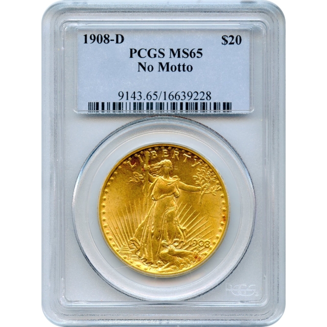 1908-D $20 Saint Gaudens Double Eagle, No Motto PCGS MS65