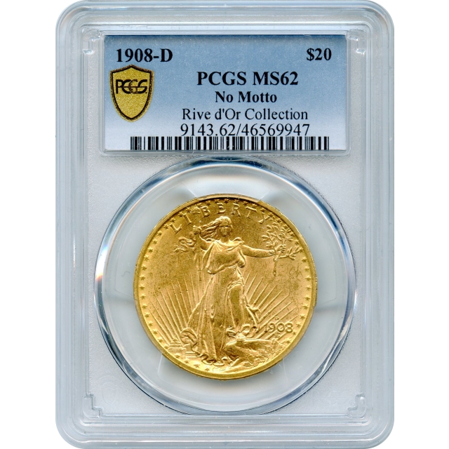 1908-D $20 Saint Gaudens Double Eagle, No Motto PCGS MS62 Ex.Rive d'Or Collection