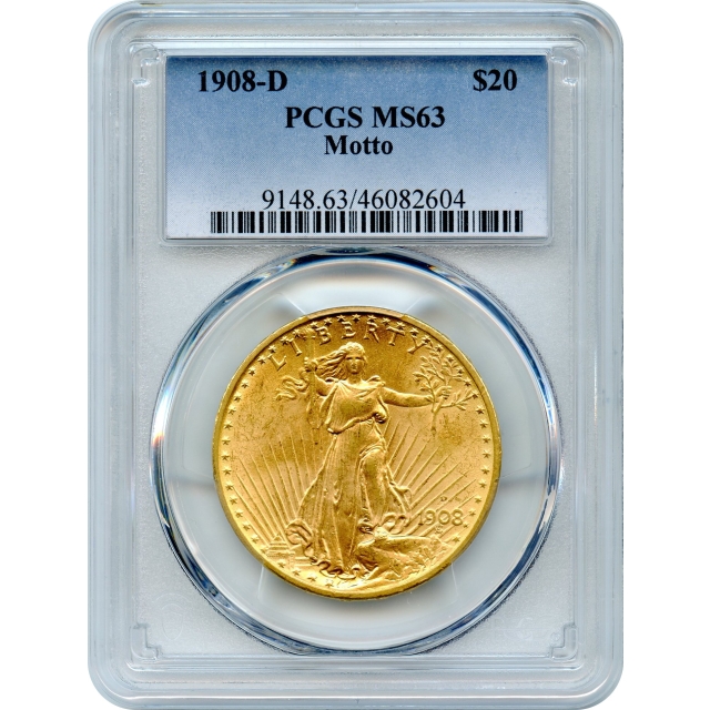 1908-D $20 Saint Gaudens Double Eagle, with Motto PCGS MS63
