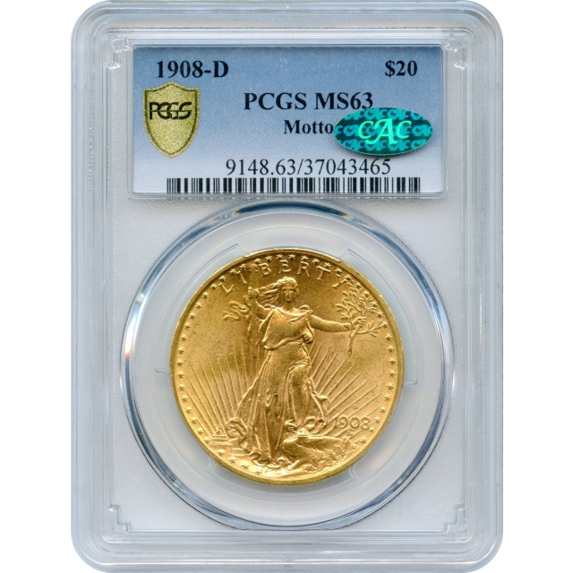1908-D $20 Saint Gaudens Double Eagle, with Motto PCGS MS63 (CAC)