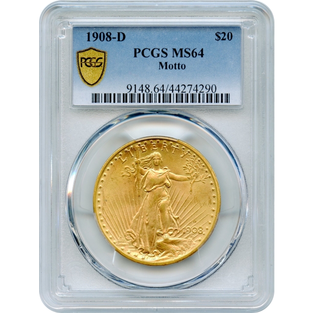 1908-D $20 Saint Gaudens Double Eagle, with Motto PCGS MS64