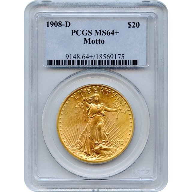 1908-D $20 Saint Gaudens Double Eagle with Motto PCGS MS64+