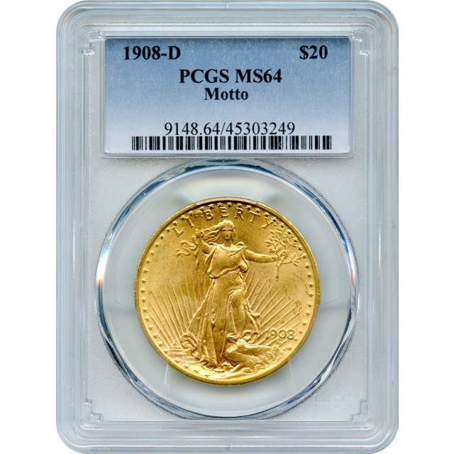 1908-D $20 Saint Gaudens Double Eagle, with Motto PCGS MS64