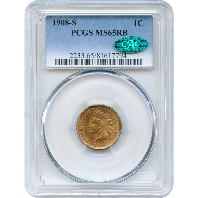 1908-S 1C Indian Head Cent PCGS MS65RB (CAC)