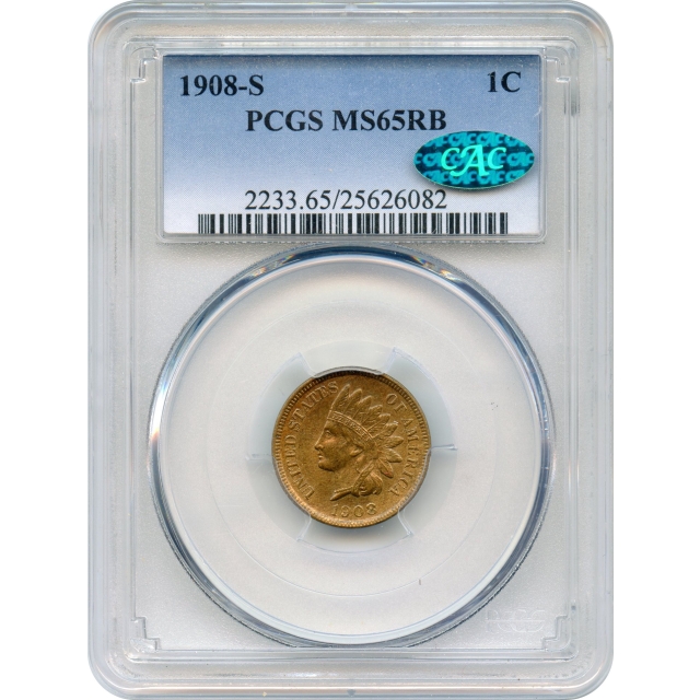 1908-S 1C Indian Head Cent PCGS MS65RB (CAC)