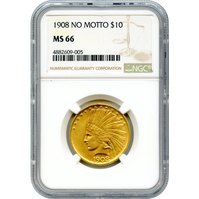 1908 $10 Indian Head Eagle, No Motto NGC MS66