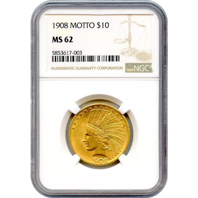 1908 $10 Indian Head Eagle, with Motto NGC MS62