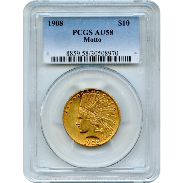 1908 $10 Indian Head Eagle, with Motto PCGS AU58