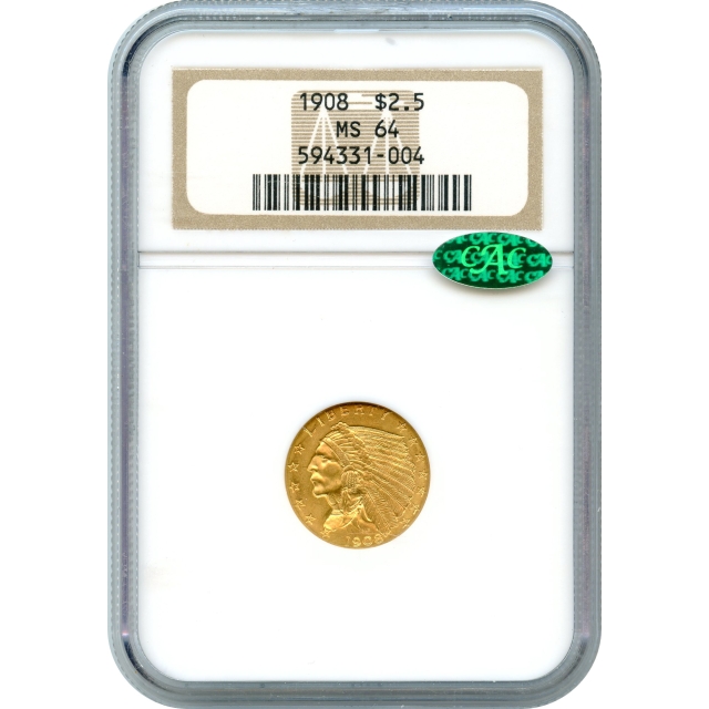 1908 $2.50 Indian Head Quarter Eagle NGC MS64 (CAC)