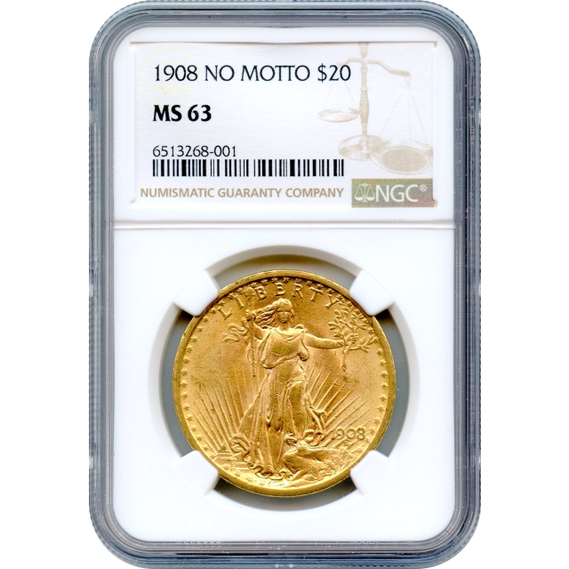 1908 $20 Saint Gaudens Double Eagle, No Motto NGC MS63