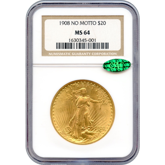 1908 $20 Saint-Gaudens Double Eagle, No Motto MS64 (CAC)