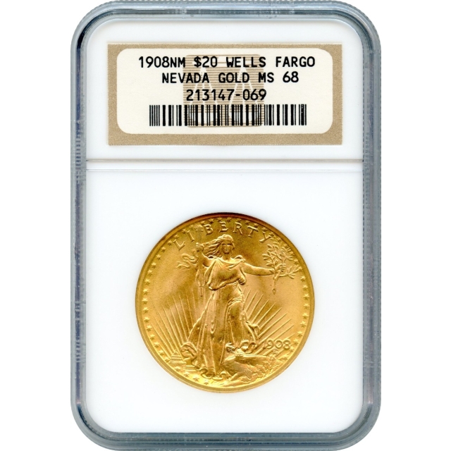 1908 $20 Saint-Gaudens Double Eagle, Wells Fargo NGC MS68