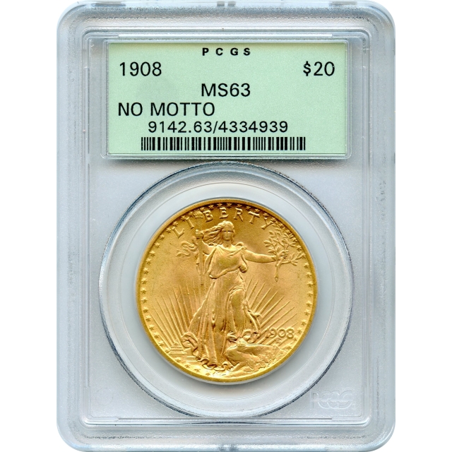1908 $20 Saint Gaudens Double Eagle, No Motto PCGS MS63 (OGH)