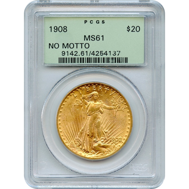 1908 $20 Saint Gaudens Double Eagle, No Motto PCGS MS61