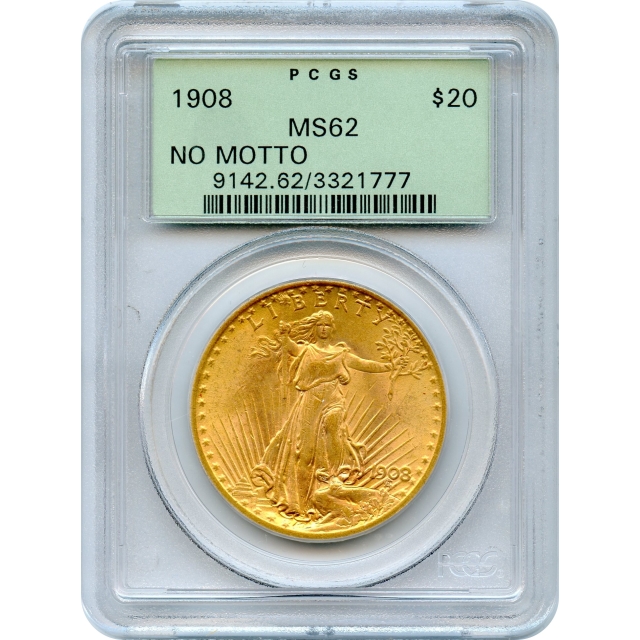 1908 $20 Saint Gaudens Double Eagle, No Motto PCGS MS62