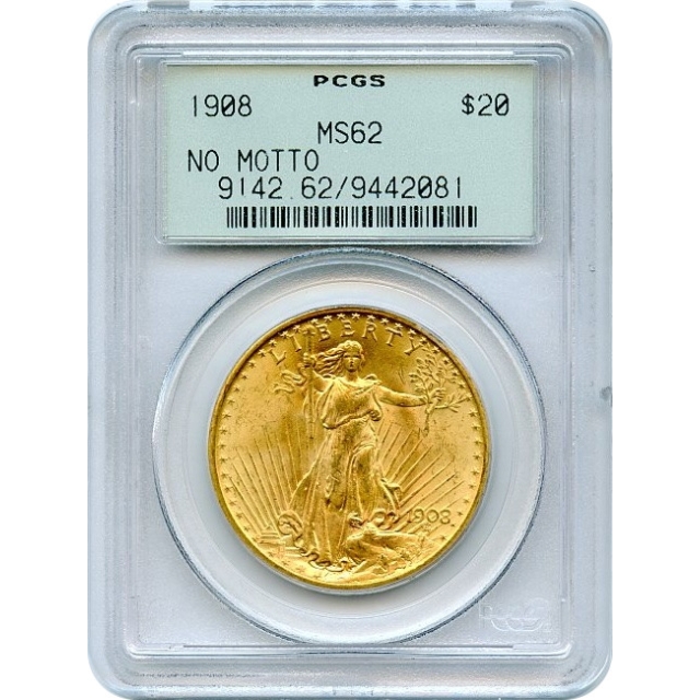 1908 $20 Saint Gaudens Double Eagle, No Motto PCGS MS62