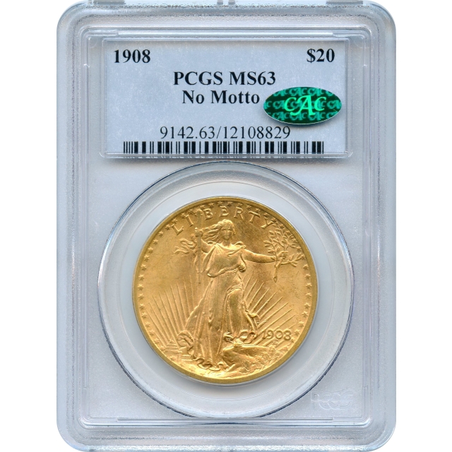1908 $20 Saint Gaudens Double Eagle, no Motto PCGS MS63 (CAC)