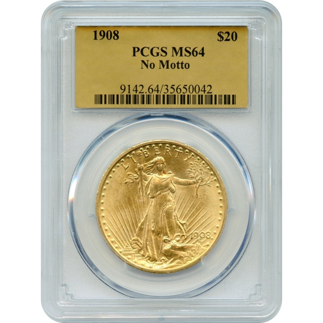1908 $20 Saint Gaudens Double Eagle, No Motto PCGS MS64 (Gold Foil)