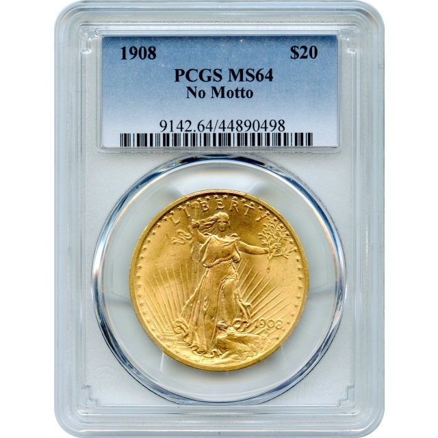 1908 $20 Saint Gaudens Double Eagle, No Motto PCGS MS64