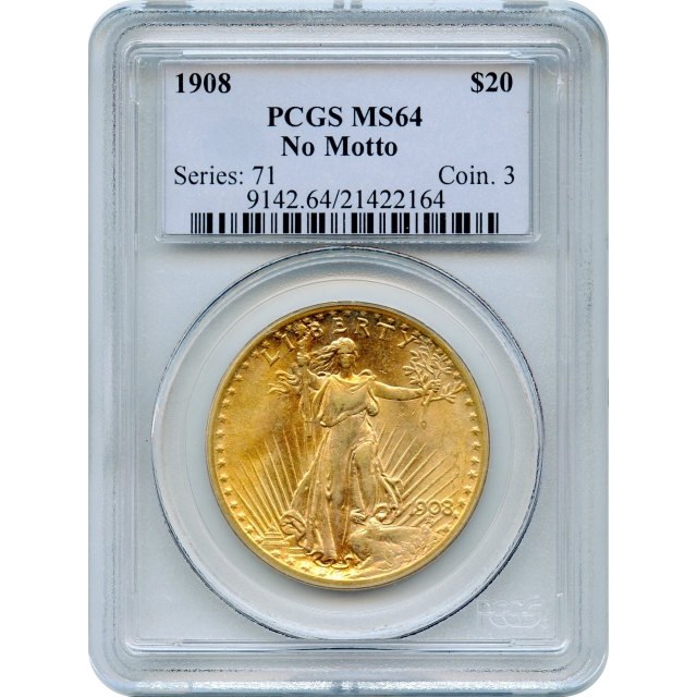 1908 $20 Saint Gaudens Double Eagle, No Motto PCGS MS64