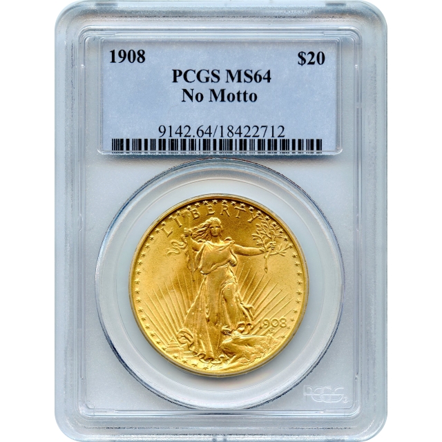 1908 $20 Saint Gaudens Double Eagle, No Motto PCGS MS64