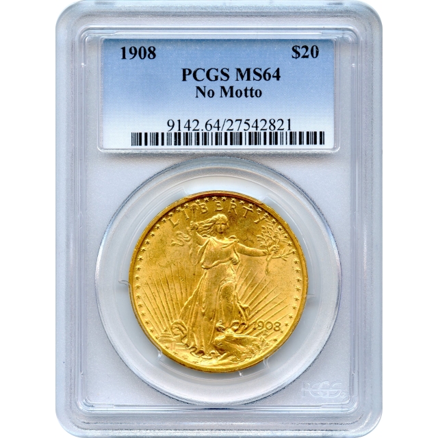1908 $20 Saint Gaudens Double Eagle, No Motto PCGS MS64