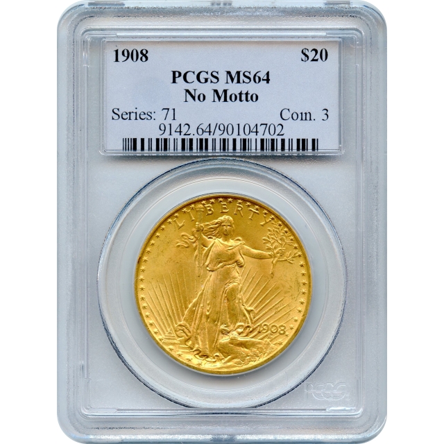 1908 $20 Saint Gaudens Double Eagle, No Motto PCGS MS64