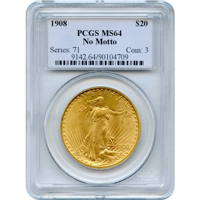 1908 $20 Saint Gaudens Double Eagle, No Motto PCGS MS64