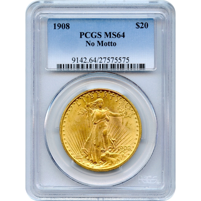 1908 $20 Saint Gaudens Double Eagle, No Motto PCGS MS64