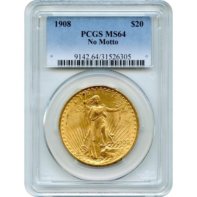1908 $20 Saint Gaudens Double Eagle, No Motto PCGS MS64