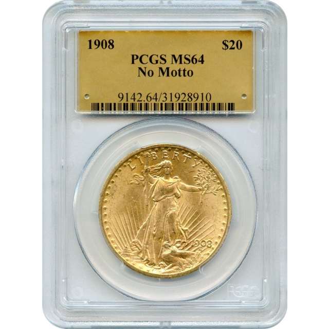 1908 $20 Saint Gaudens Double Eagle, No Motto PCGS MS64 (Gold Foil)