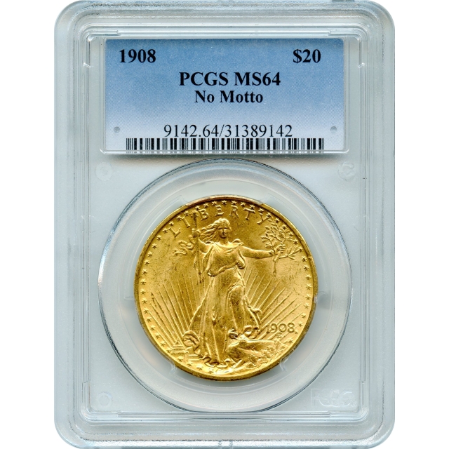 1908 $20 Saint Gaudens Double Eagle, No Motto PCGS MS64
